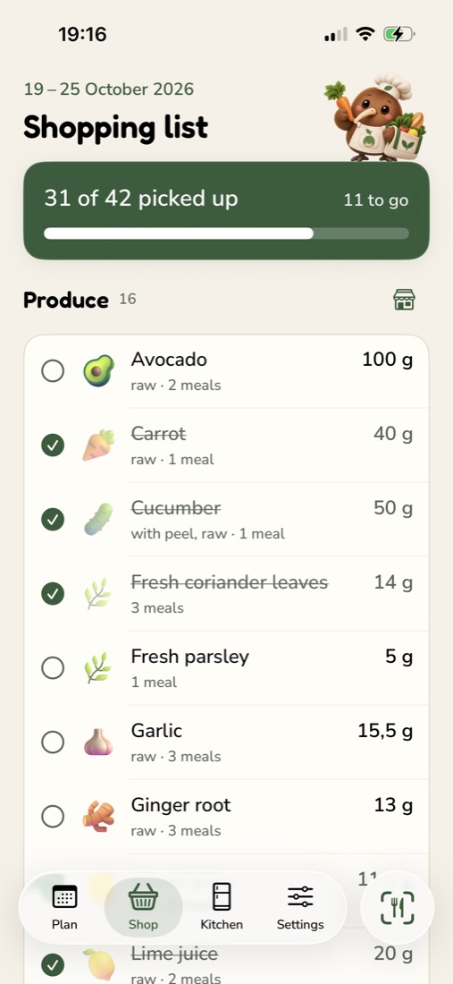 MealKiwi shopping list screen